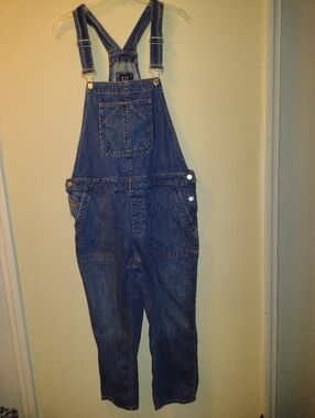 GAP Denim Overalls Womens Size L Crop Slouch Over Blue Adjustable Straps Garden